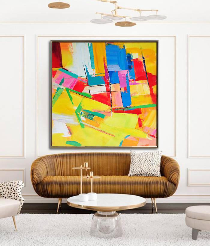 Extra Large Canvas Art,Oversized Palette Knife Painting Contemporary Art On Canvas,Huge Wall Decor,Yellow,Red,Blue,Pink,Light Green.etc